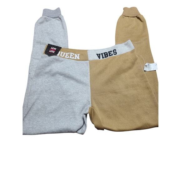 Women's Sweatpants M Colorblock- Love Love Love Mocha And Gray NWT - Picture 3 of 5